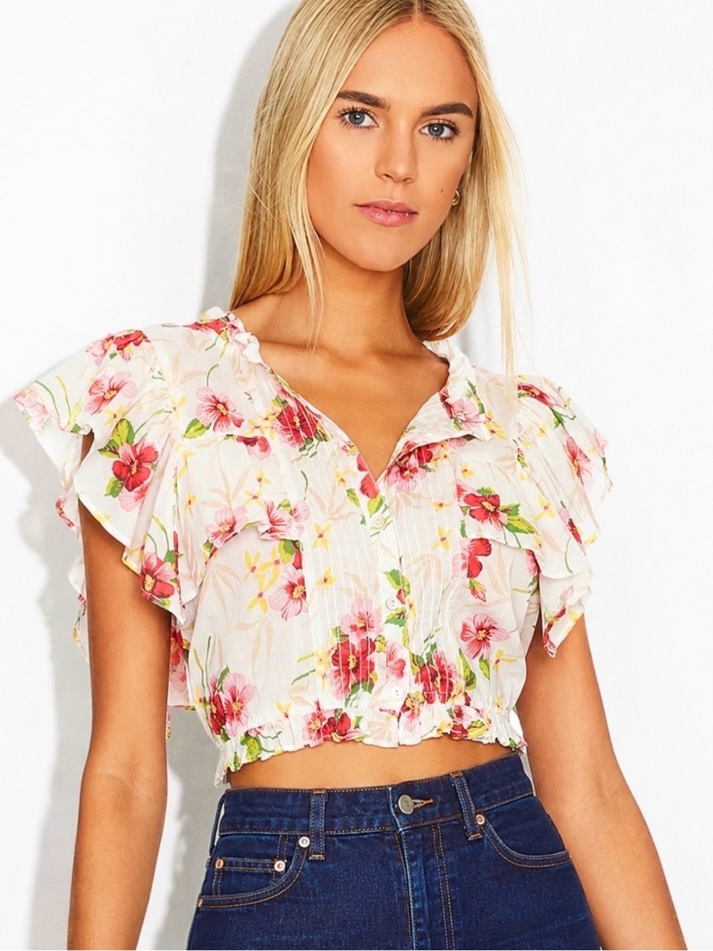 LoveShackFancy Nora Hibiscus Floral Ruffle Crop Top Size S